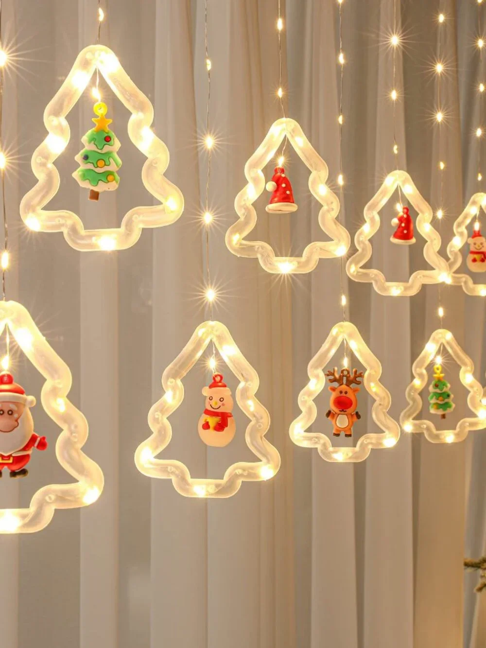 Christmas Window Curtain Lights 10 Ornaments 120 LED Battery Operated Warm White